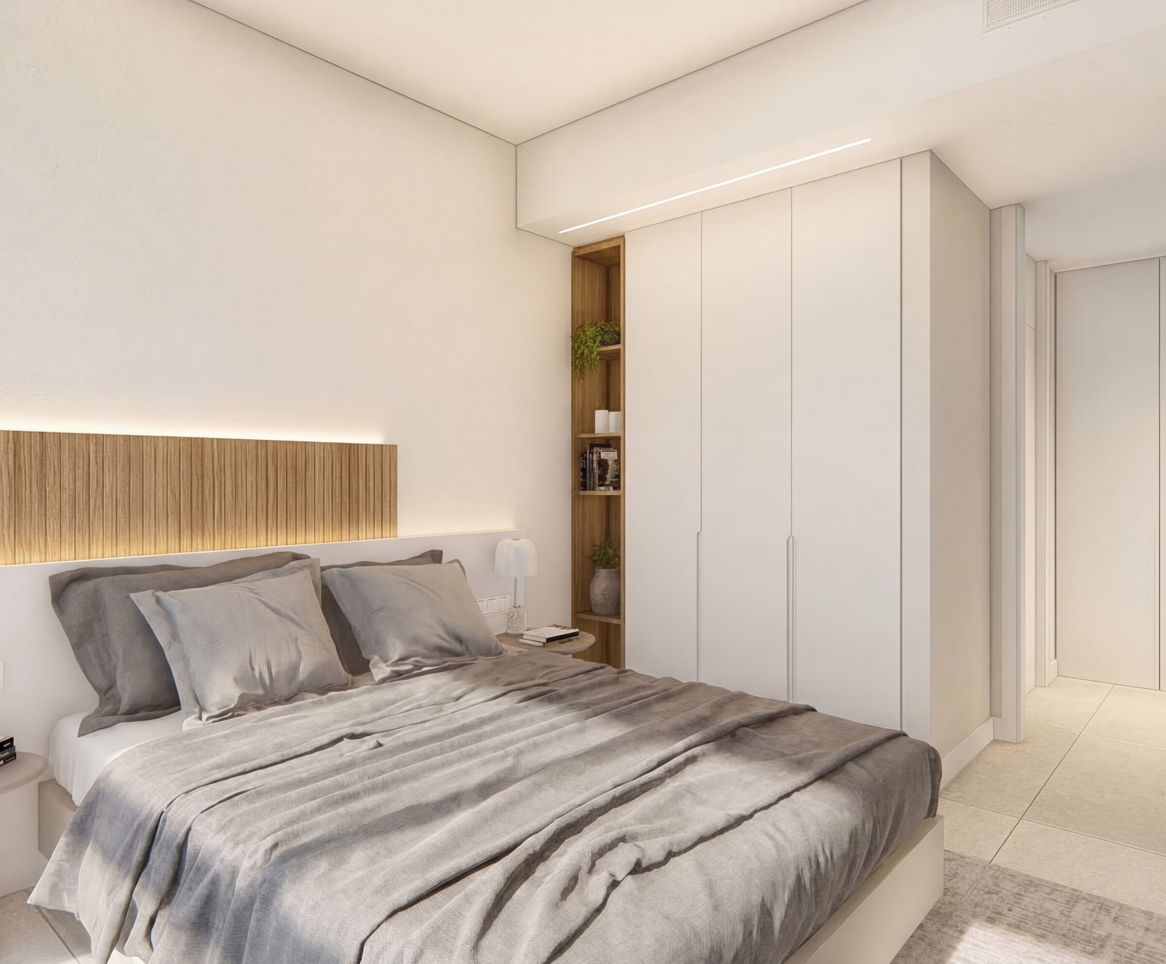 De slaapkamer met houten wandpaneel en inbouwkasten
